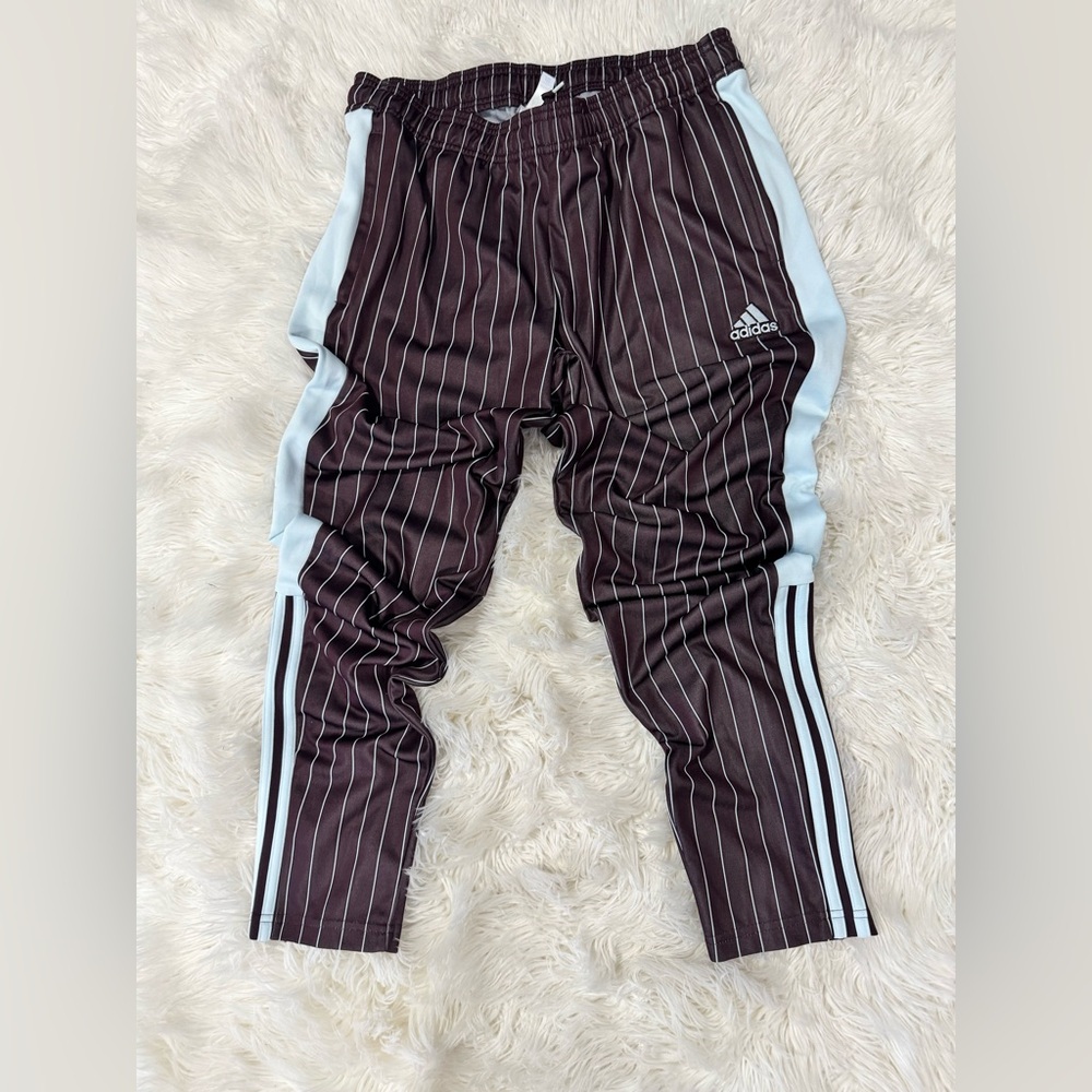adidas women Brown Pinstripe Joggers with Light Blue Side Panels